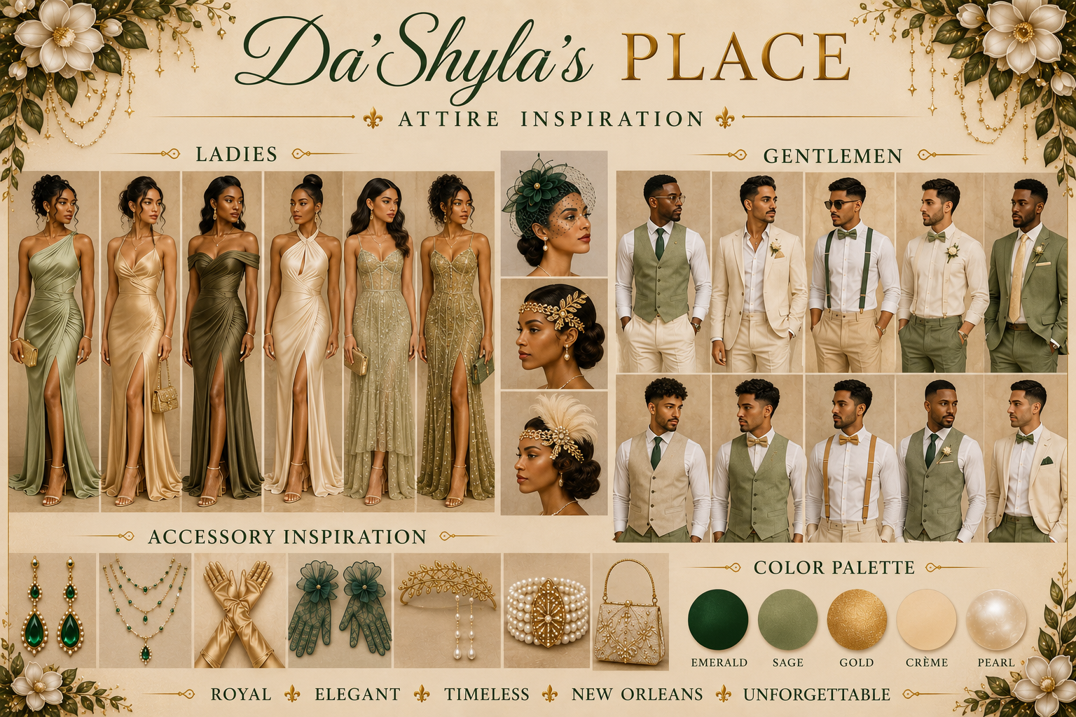 Attire inspiration board with emerald, sage, gold and crème gowns, suits and accessories