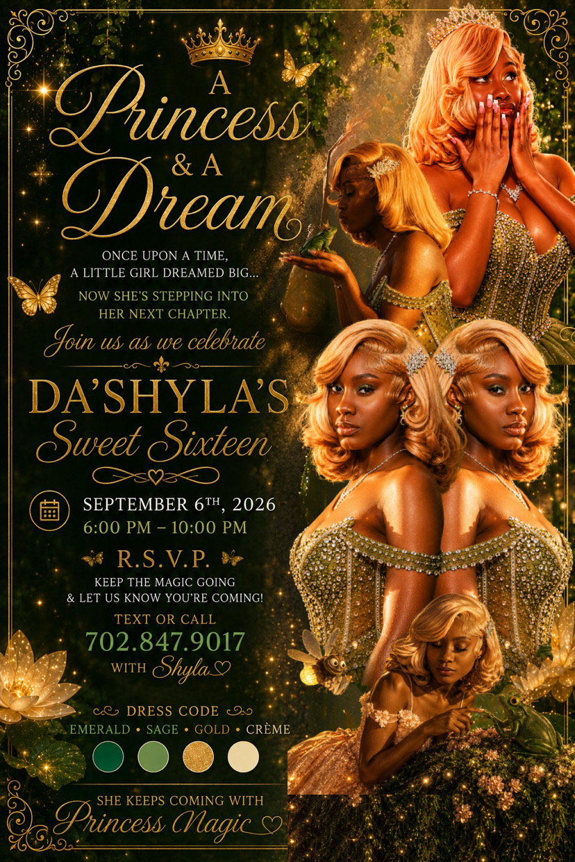 A Princess & A Dream invitation for Da'Shyla's Sweet Sixteen, September 6, 2026